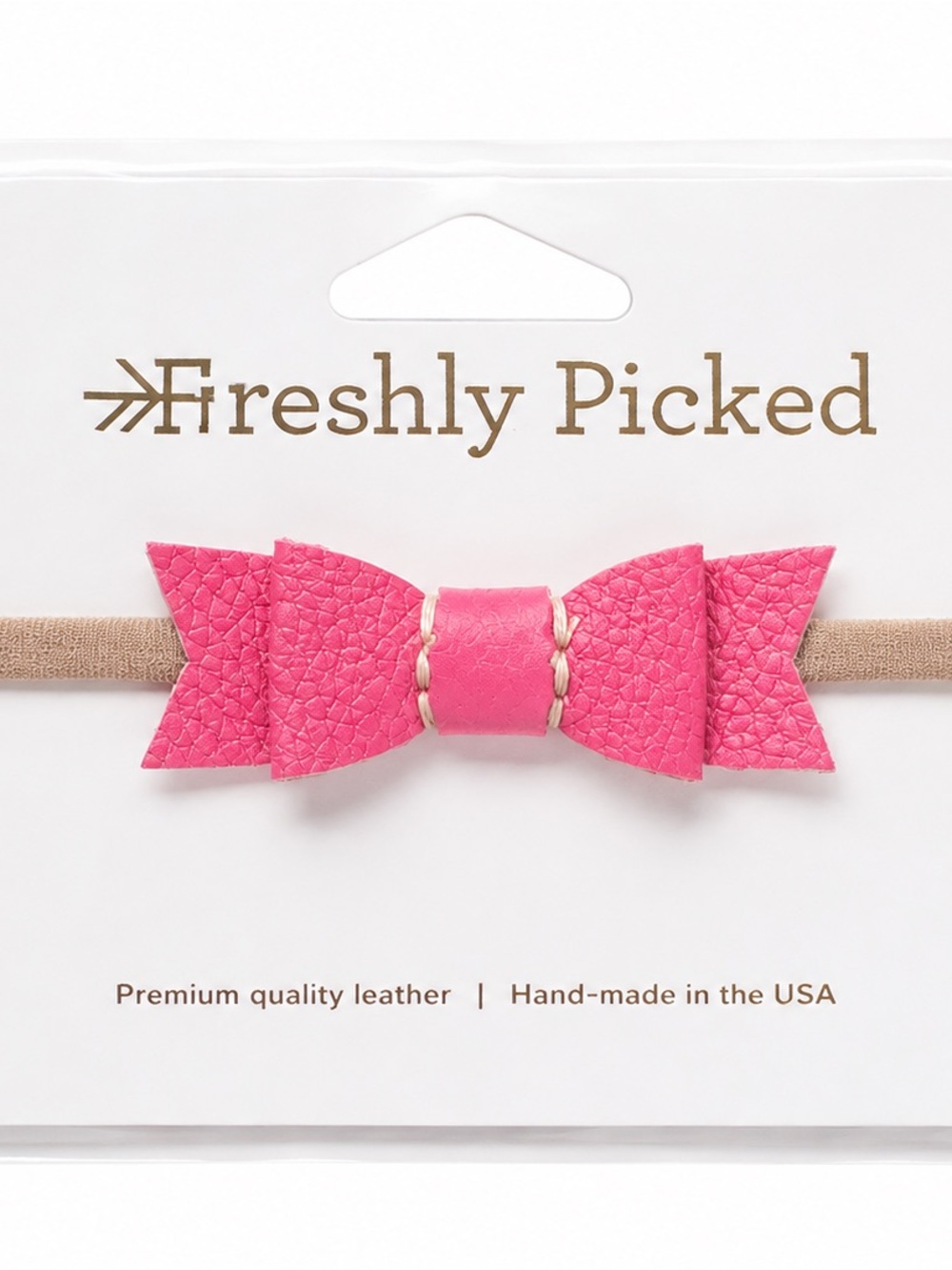Freshly Picked Bright Pink Leather Bow Headband with Nude Elastic